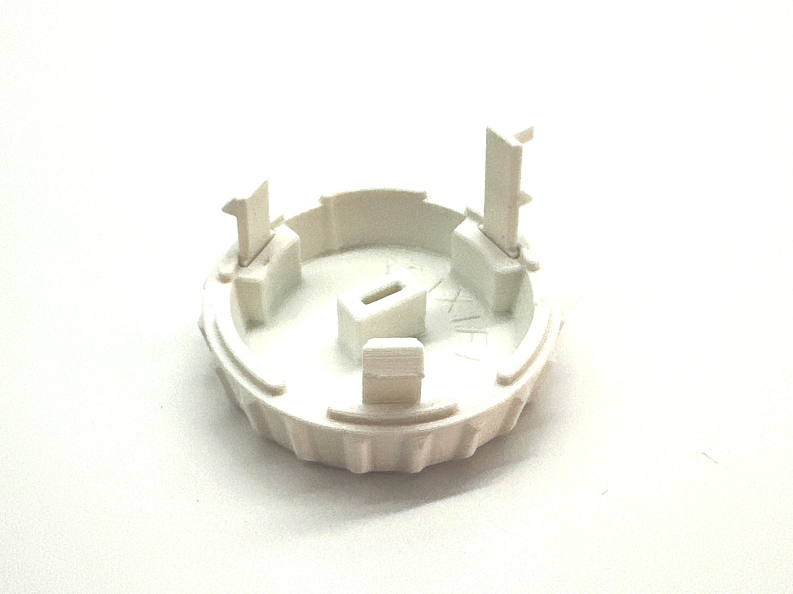 White replacement speed control knob for Hella Marine Turbo fan, back view showing brass T contactor mount